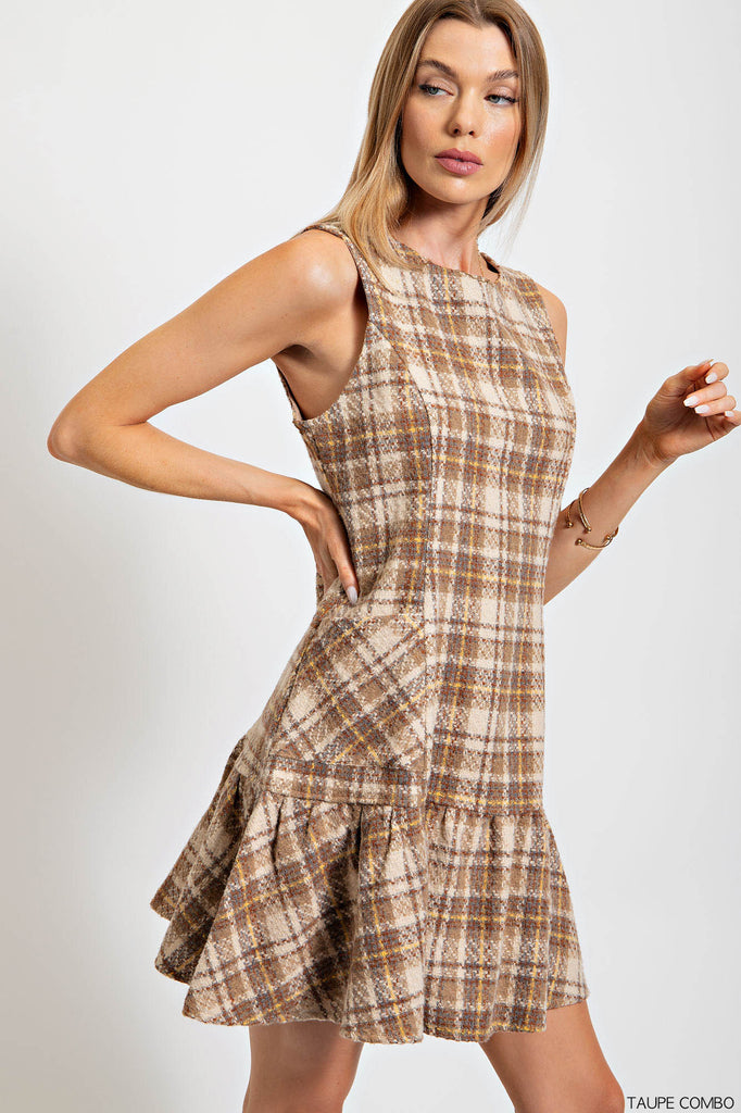 Soft Brushed Tweed Plaid Side Pocket Lined Dress