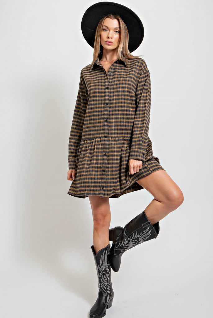 Button Down Plaid Dress with Pocket