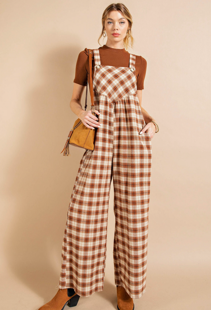 Western Brushed Plaid Wide Leg Overall