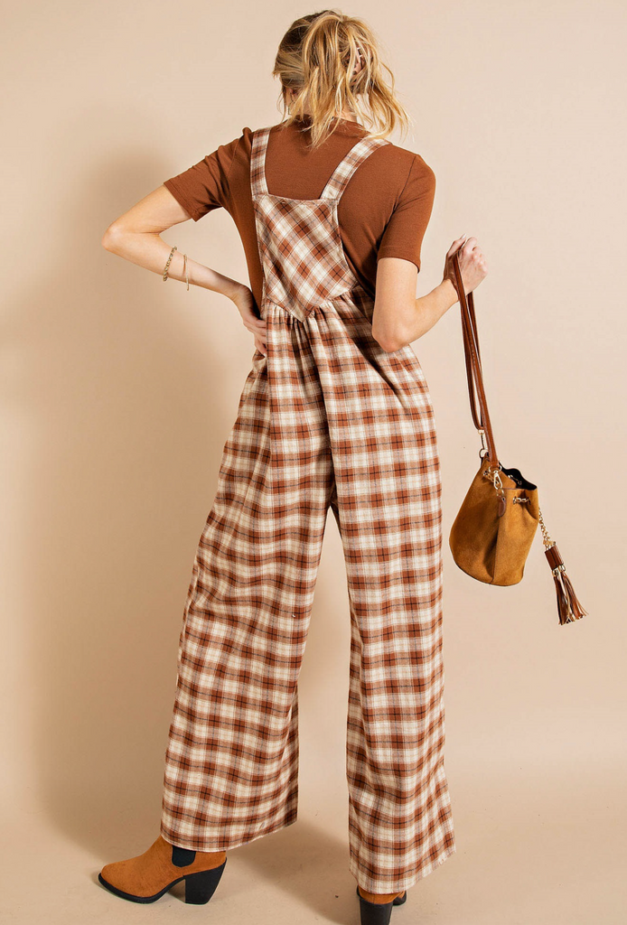 Western Brushed Plaid Wide Leg Overall