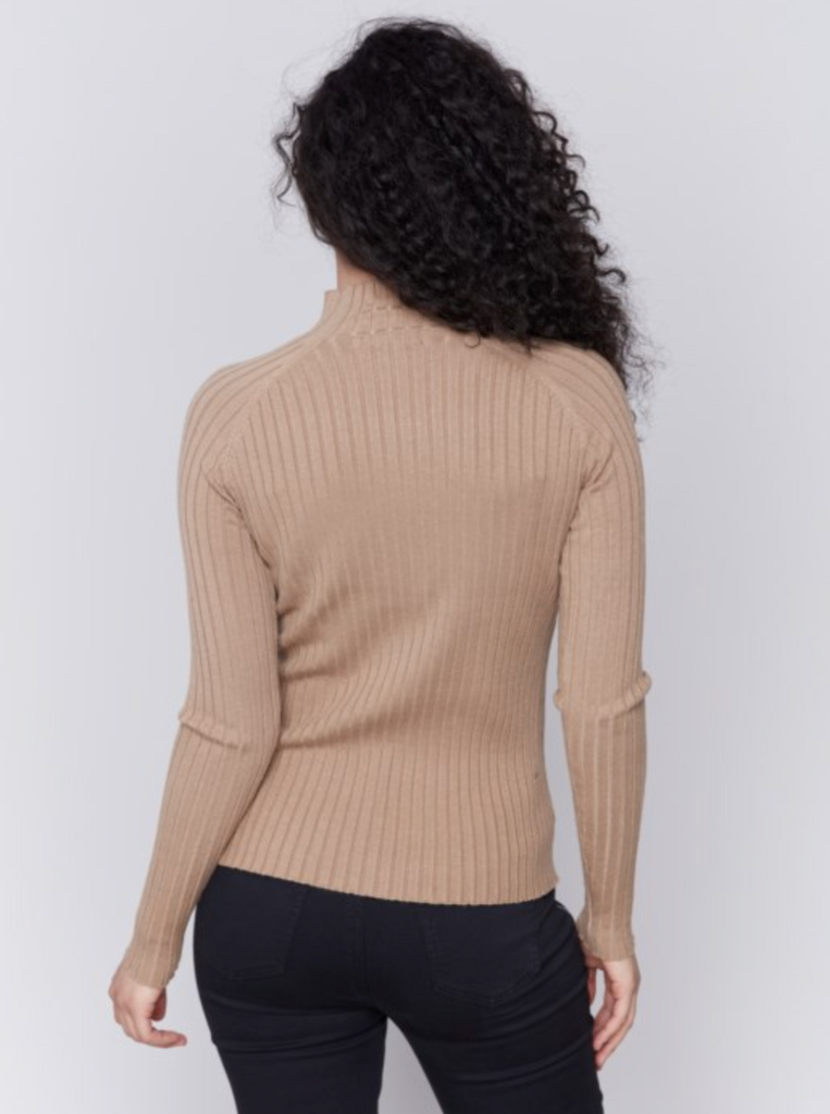 Ribbed Knit Mock Neck Sweater - Truffle